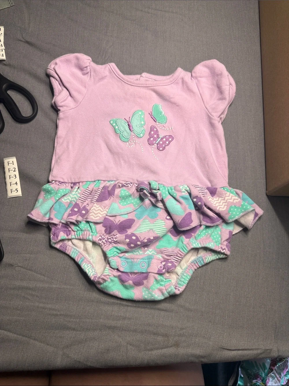 Koala Kids Lavender Ruffle onesie with Mint & Purple Butterflies